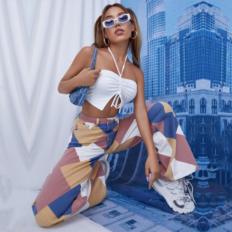 Relaxing high-waisted long straight-cut printed pants