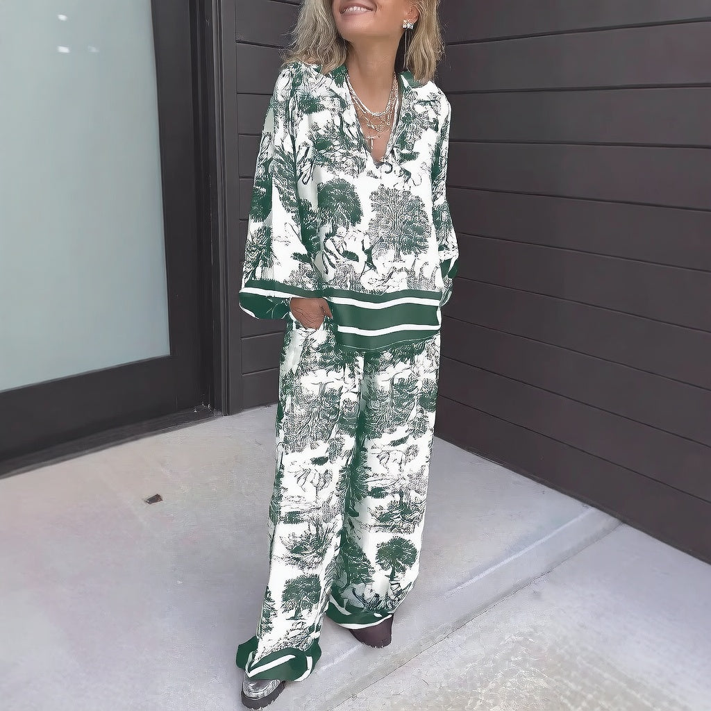 Women's Striped Long Sleeve Shirt and Wide Leg Pants Set