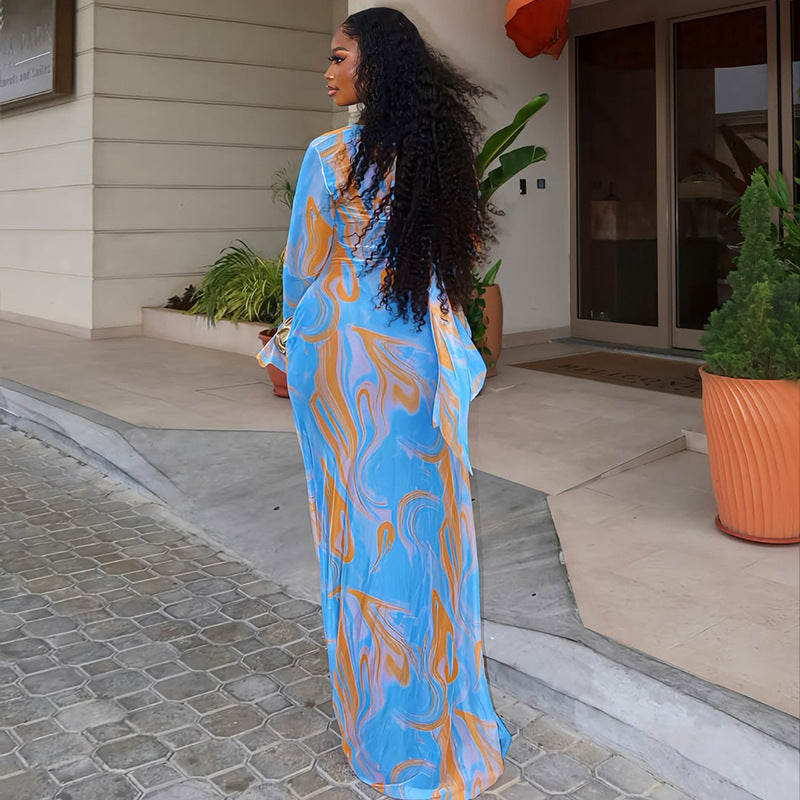 Slim Fit Tie-Dye Print Long Sleeve Dress