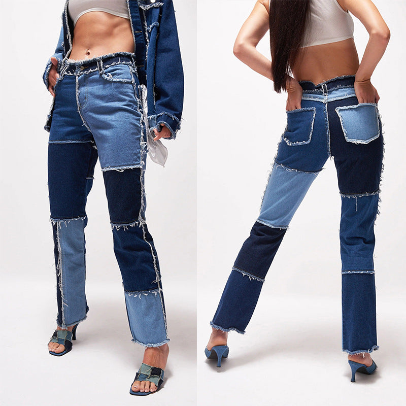 Mixed-color patched straight-leg denim pants