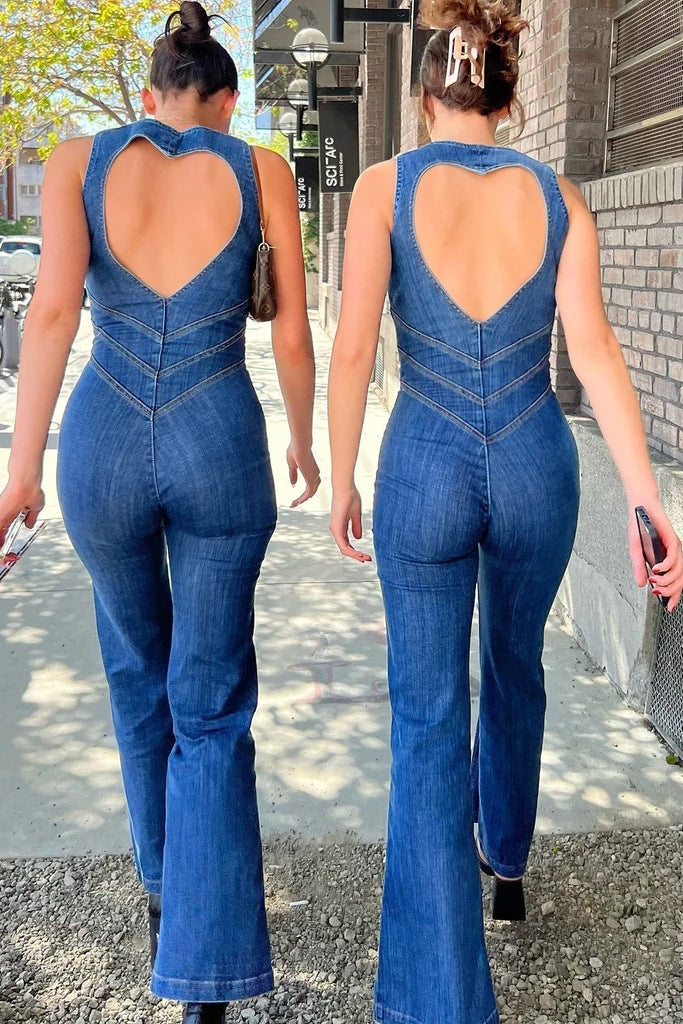 Shirring sleeveless high-waisted denim jumpsuit