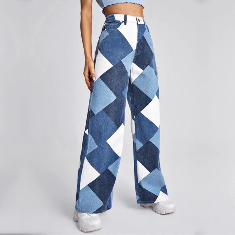 Relaxing high-waisted long straight-cut printed pants