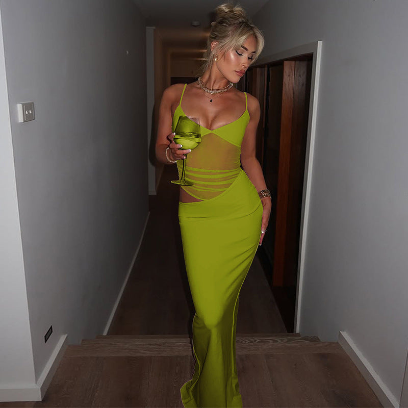 Women's Spliced Mesh Slit Slip Dress