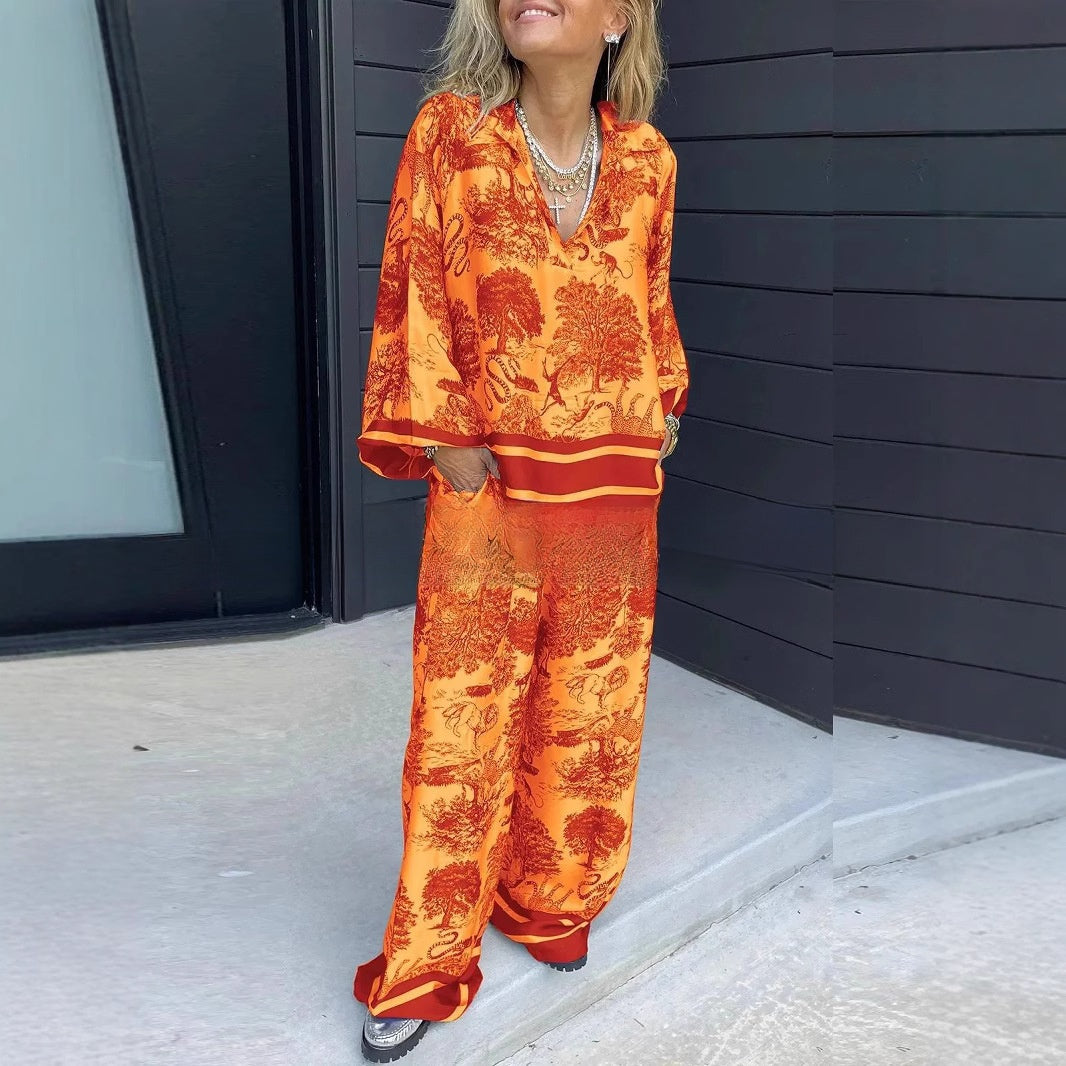 Women's Striped Long Sleeve Shirt and Wide Leg Pants Set