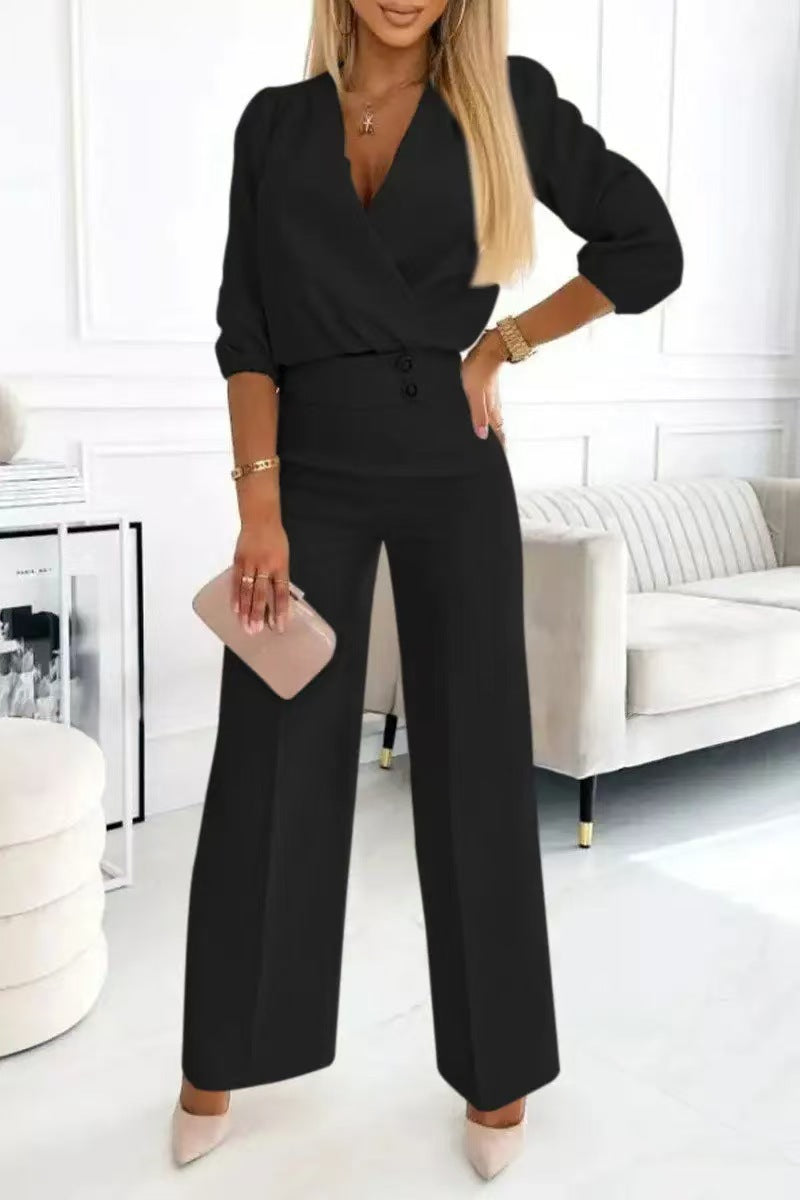 Women's Casual V-Neck Two-Button Pants Suit