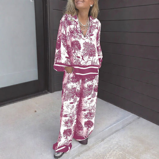 Women's Striped Long Sleeve Shirt and Wide Leg Pants Set