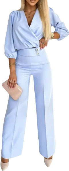 Women's Casual V-Neck Two-Button Pants Suit