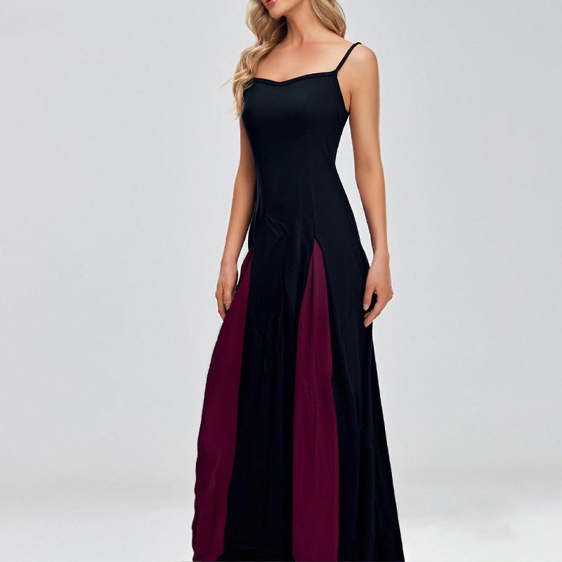 Fashionable Suspender Contrast Color Loose Swing High Waist Dress