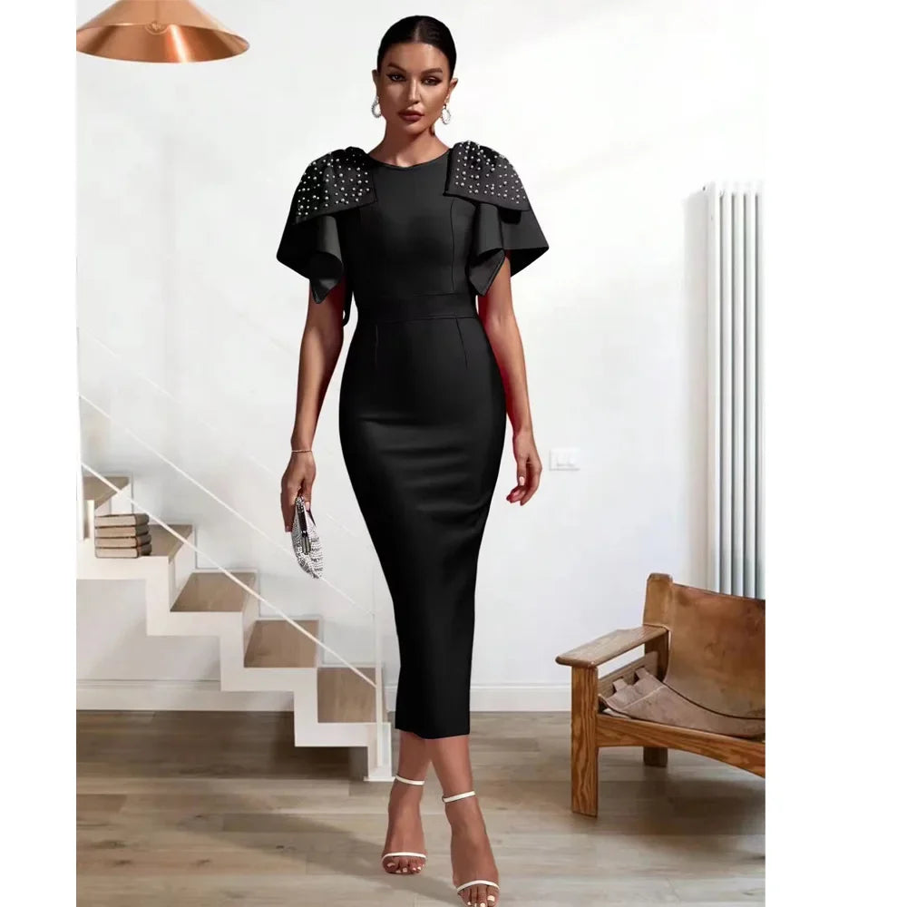 Fashionable heavy industry beaded, cinched waist, tight bandage dress, long dress, evening gown