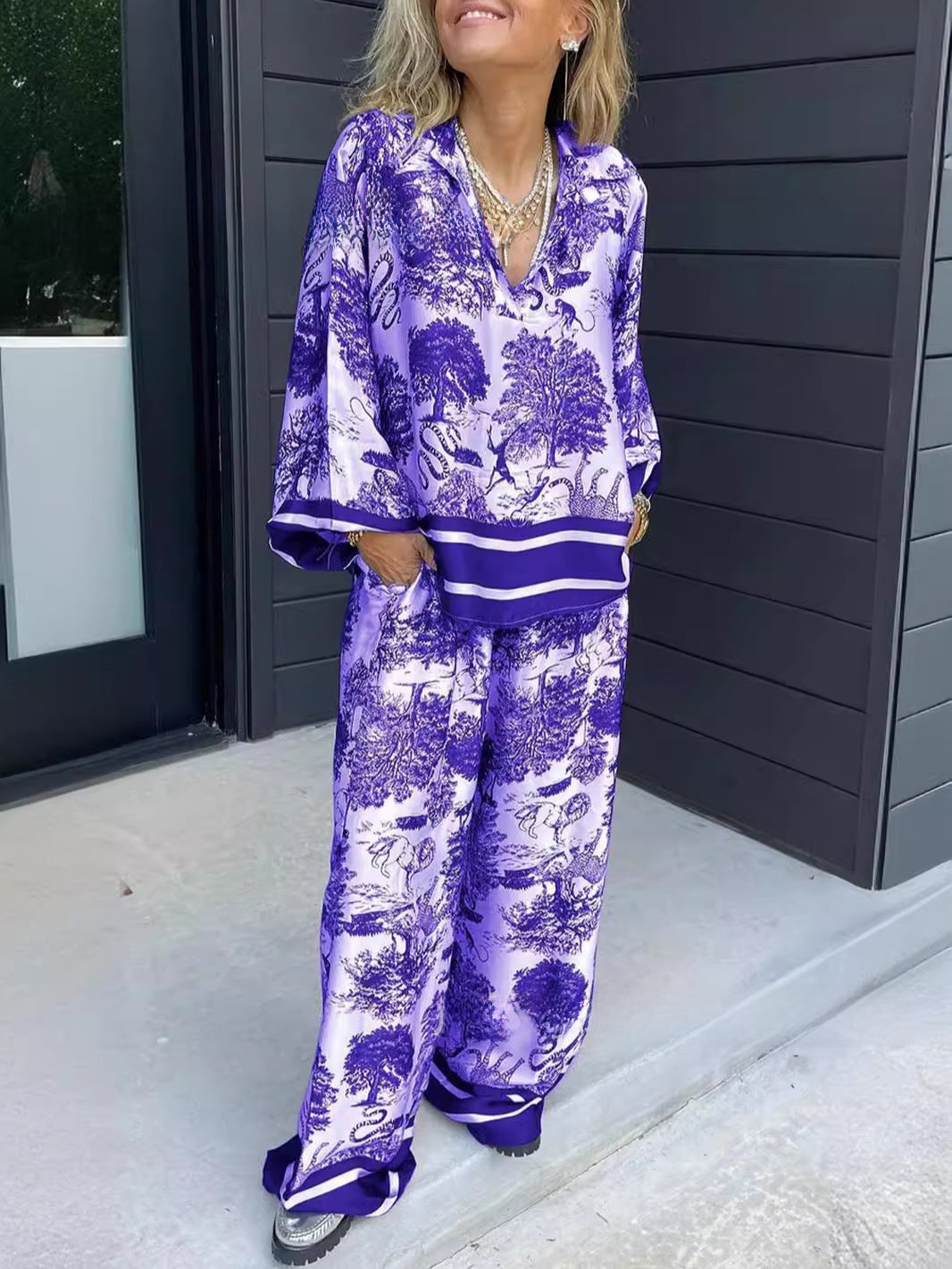 Women's Striped Long Sleeve Shirt and Wide Leg Pants Set