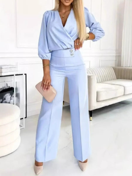 Women's Casual V-Neck Two-Button Pants Suit