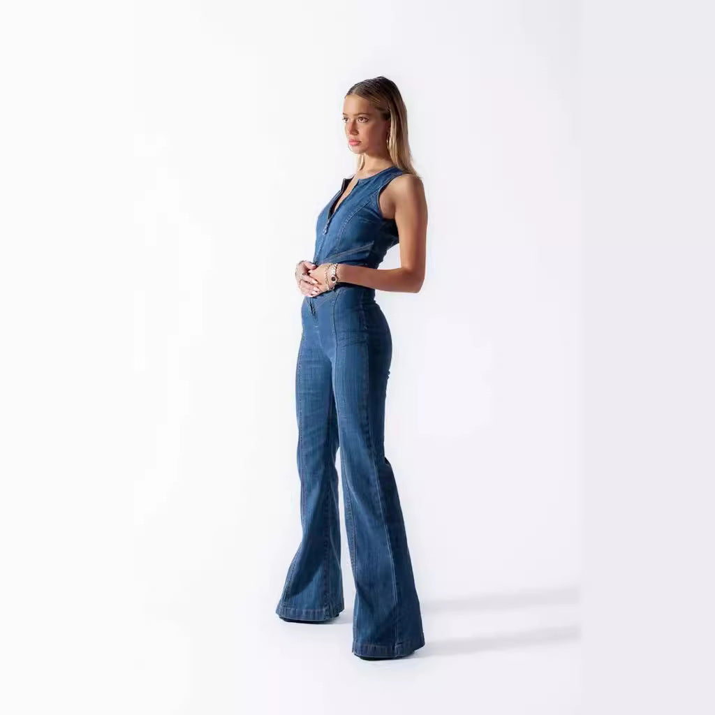 Shirring sleeveless high-waisted denim jumpsuit