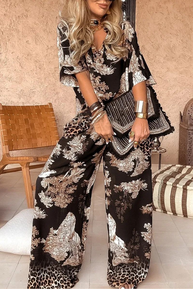 Casual V-Neck Printed Top and Wide-Leg Pants Set