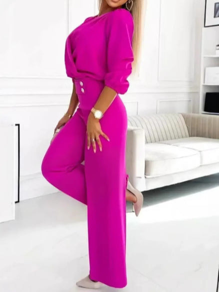 Women's Casual V-Neck Two-Button Pants Suit