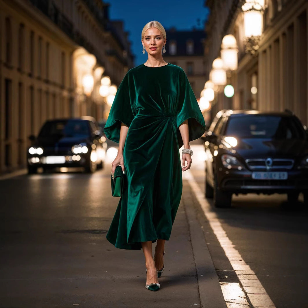 Elegant Velvet Bat Sleeve Dress