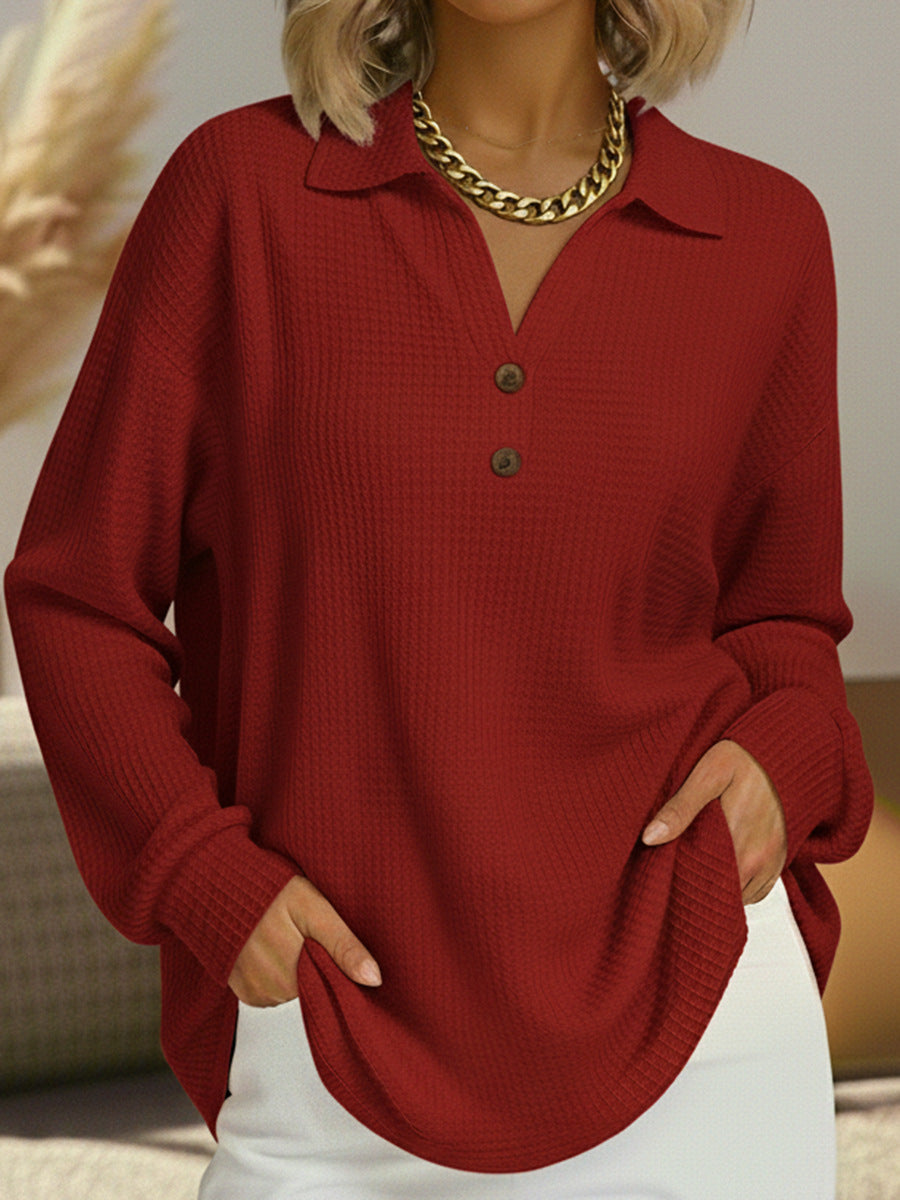 Waffle Texture V-Neck Long Sleeve Shirt