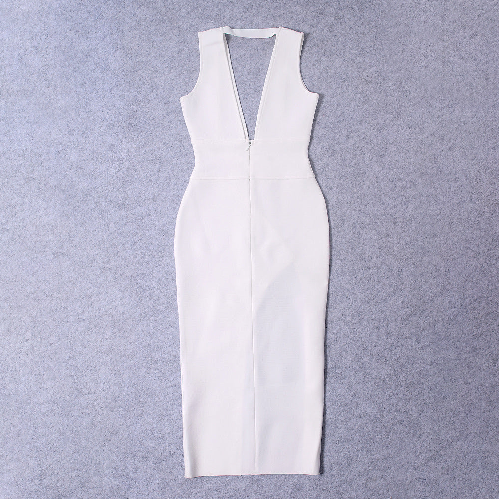 Elegant evening dress with a high slit and an open back