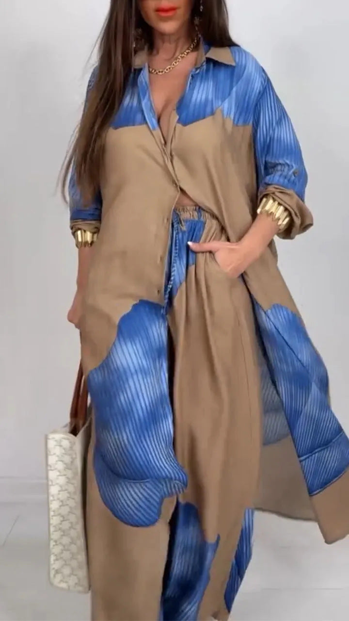 Women's Printed Cardigan and Pants Casual Suit