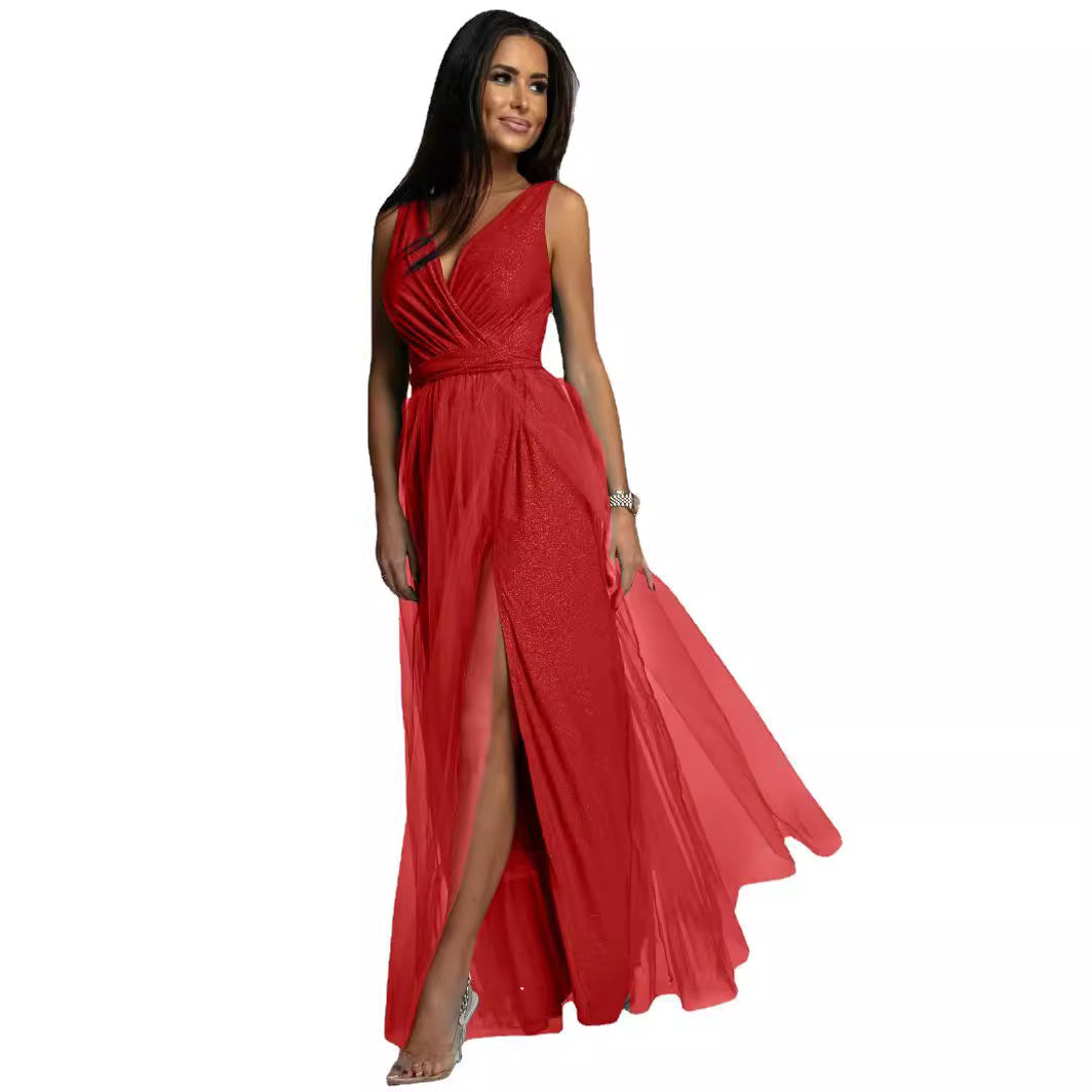 Sparkling V-neck Evening Dress with Slit
